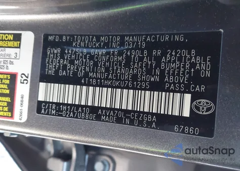 2019 Toyota Camry Xle из США, поврежденный, VIN 4T1B11HK0KU761295